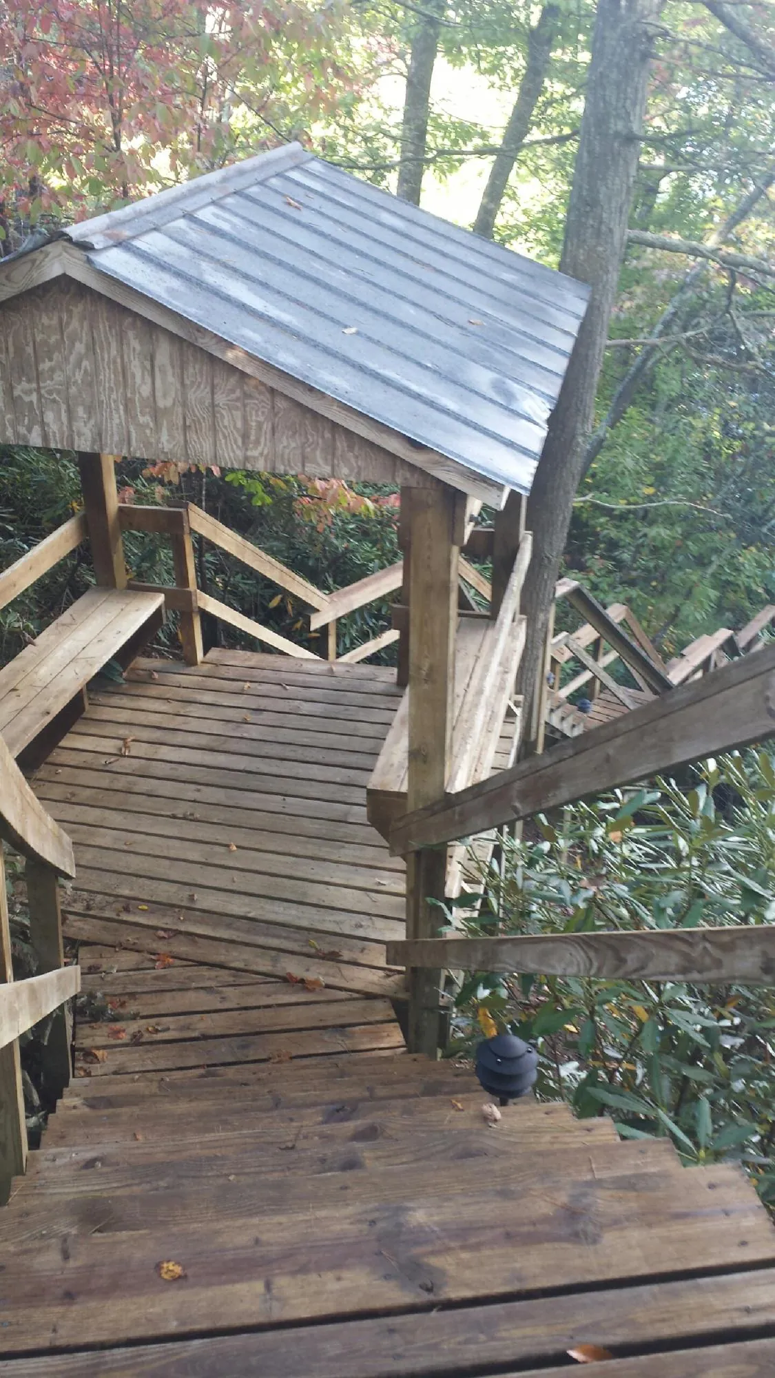 Metal roofed shelter over wooden steps on a wooded walkway — Skylight Repair & Installation work by our crew in Elberta